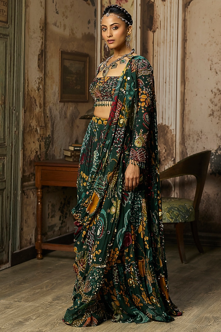 Dark Green Crepe Coral Veil Printed Draped Skirt Wedding Saree Set by DiyaRajvvir at Pernia's Pop Up Shop