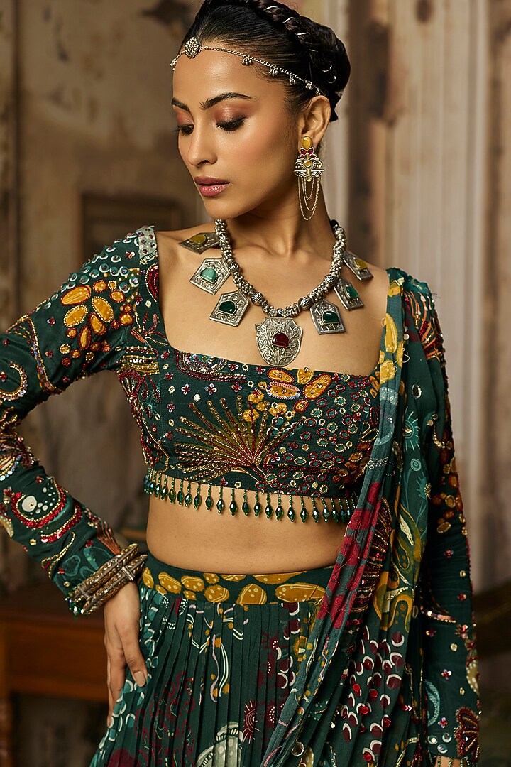 Dark Green Crepe Coral Veil Printed Draped Skirt Wedding Saree Set by DiyaRajvvir at Pernia's Pop Up Shop