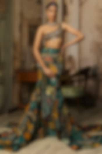 Dark Green Tulle Coral Veil Printed Wedding Lehenga Set by DiyaRajvvir at Pernia's Pop Up Shop