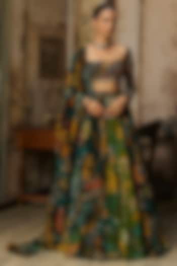 Dark Green Crepe Coral Veil Printed Wedding Lehenga Set by DiyaRajvvir at Pernia's Pop Up Shop