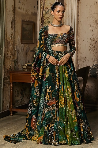 Dark Green Crepe Coral Veil Printed Lehenga Set by DiyaRajvvir