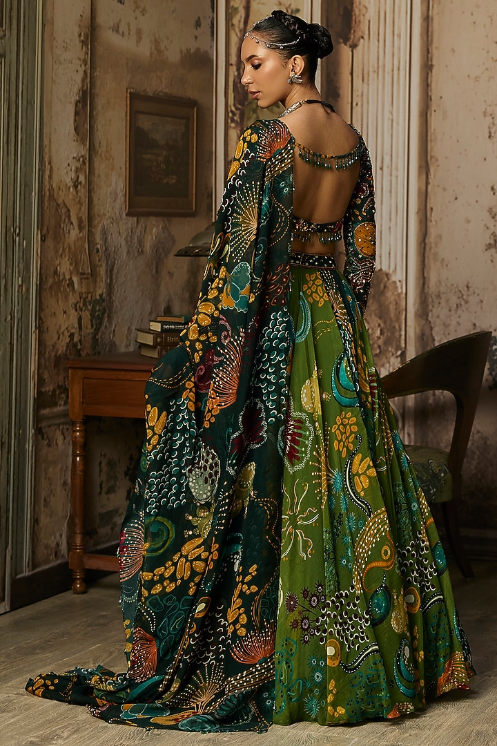 Dark Green Crepe Coral Veil Printed Wedding Lehenga Set by DiyaRajvvir at Pernia's Pop Up Shop