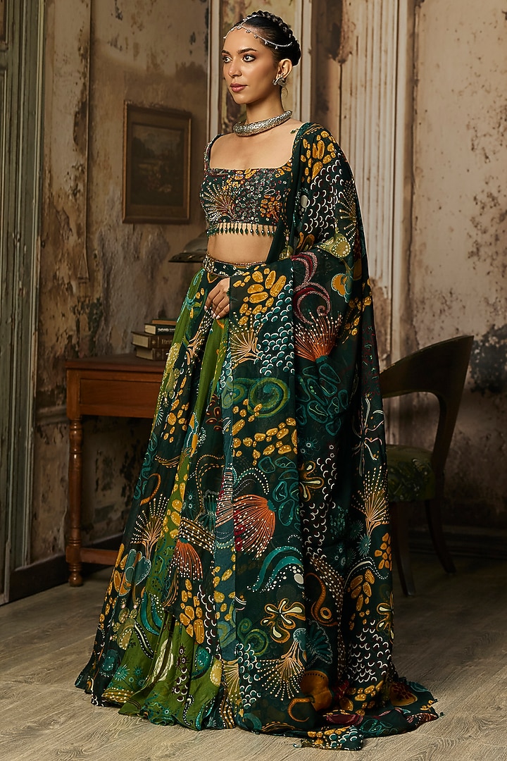 Dark Green Crepe Coral Veil Printed Wedding Lehenga Set by DiyaRajvvir at Pernia's Pop Up Shop