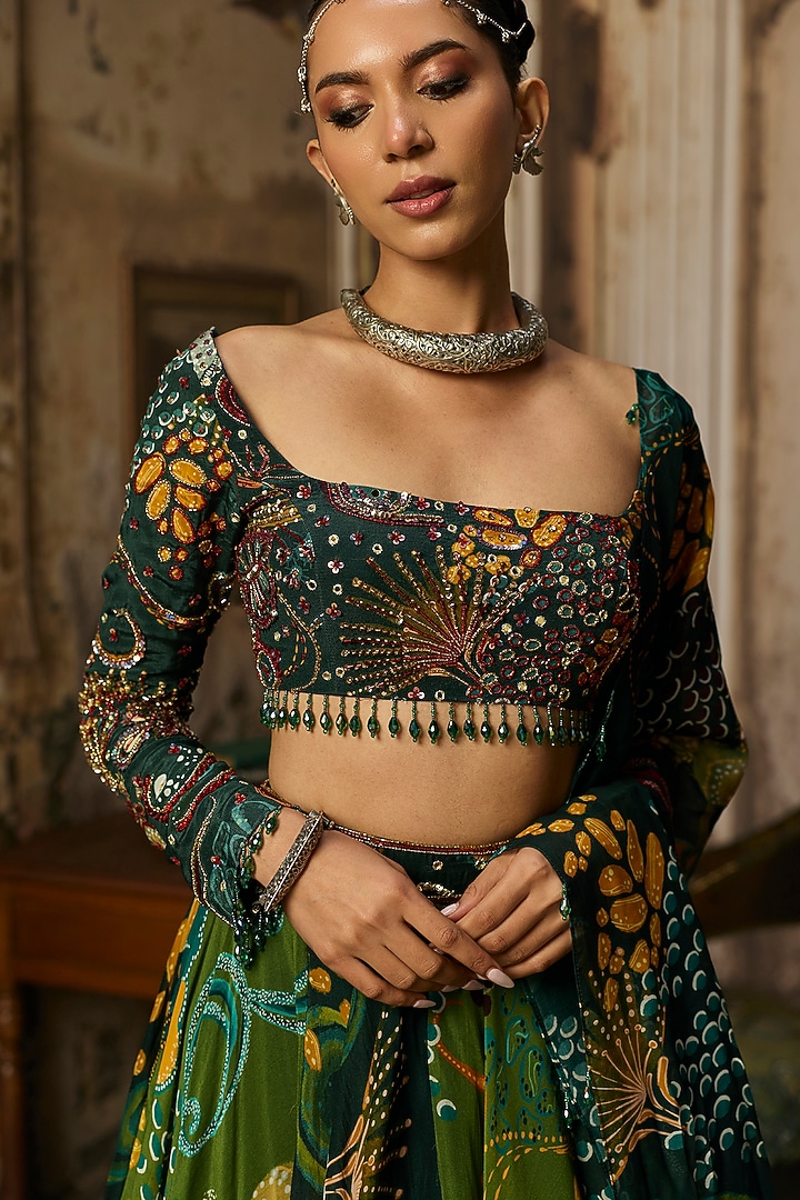 Dark Green Crepe Coral Veil Printed Wedding Lehenga Set by DiyaRajvvir at Pernia's Pop Up Shop
