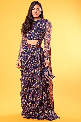 Cobalt Blue Georgette & Tulle Jaal Printed Gharara Pant Saree Set by DiyaRajvvir