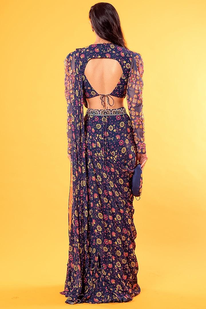 Cobalt Blue Georgette & Tulle Jaal Printed Gharara Pant Wedding Saree Set by DiyaRajvvir at Pernia's Pop Up Shop