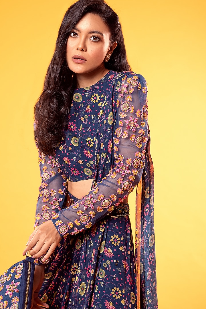 Cobalt Blue Georgette & Tulle Jaal Printed Gharara Pant Wedding Saree Set by DiyaRajvvir at Pernia's Pop Up Shop