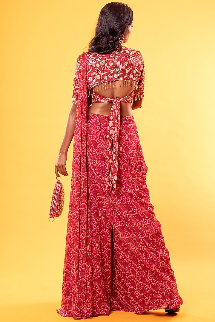 Maroon Modal & Georgette Jaal Printed Sharara Pant Wedding Saree Set by DiyaRajvvir at Pernia's Pop Up Shop