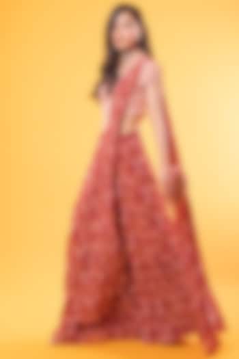 Maroon Georgette & Cotton Silk Jaal Printed Pleated Pant Saree Set by DiyaRajvvir