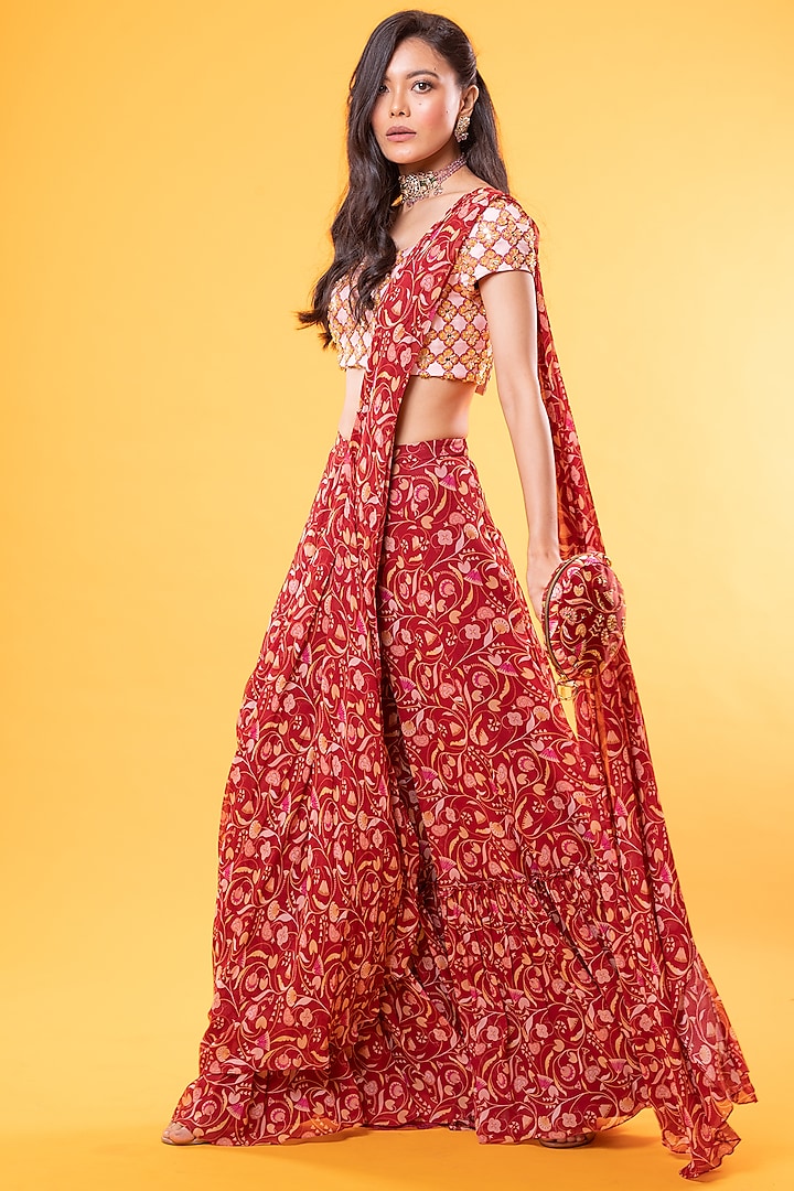 Maroon Jaal Printed Saree Set With Potli Bag by DiyaRajvvir