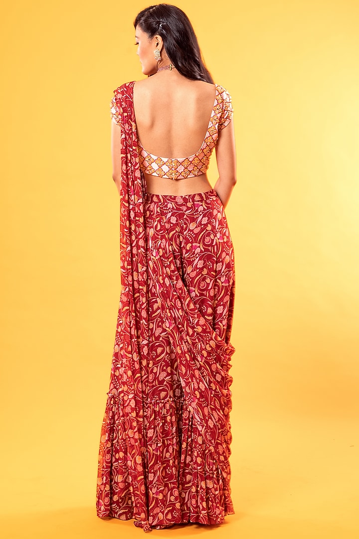 Maroon Georgette & Cotton Silk Jaal Printed Pleated Pant Wedding Saree Set by DiyaRajvvir at Pernia's Pop Up Shop