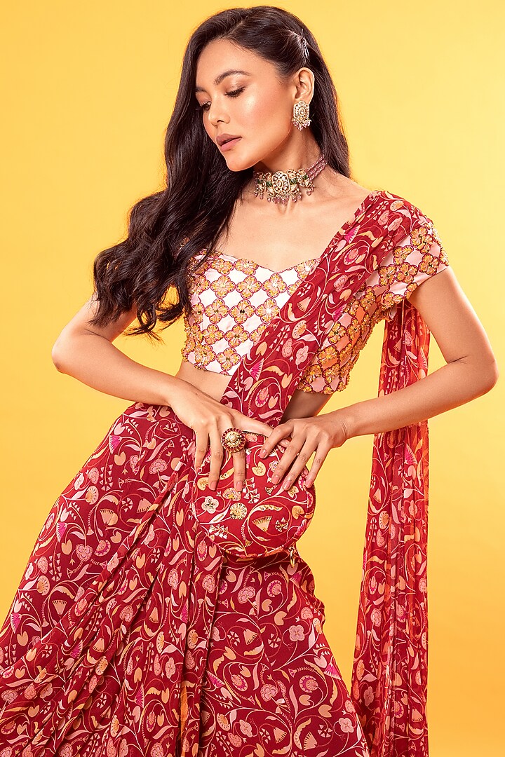 Maroon Georgette & Cotton Silk Jaal Printed Pleated Pant Wedding Saree Set by DiyaRajvvir at Pernia's Pop Up Shop