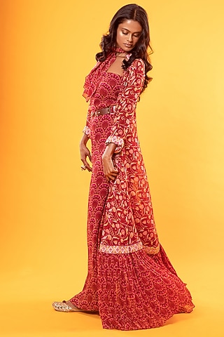 Maroon Printed Jumpsuit With Cape & Belt by DiyaRajvvir