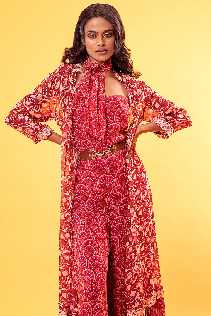 Maroon Printed Jumpsuit With Cape & Belt by DiyaRajvvir at Pernia's Pop Up Shop