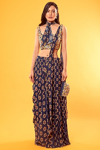 Cobalt Blue Georgette Floral Printed Skirt Saree Set With Potli Bag by DiyaRajvvir