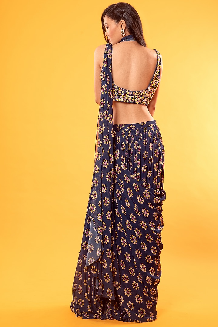 Cobalt Blue Georgette Floral Printed Skirt Wedding Saree Set With Potli Bag by DiyaRajvvir at Pernia's Pop Up Shop