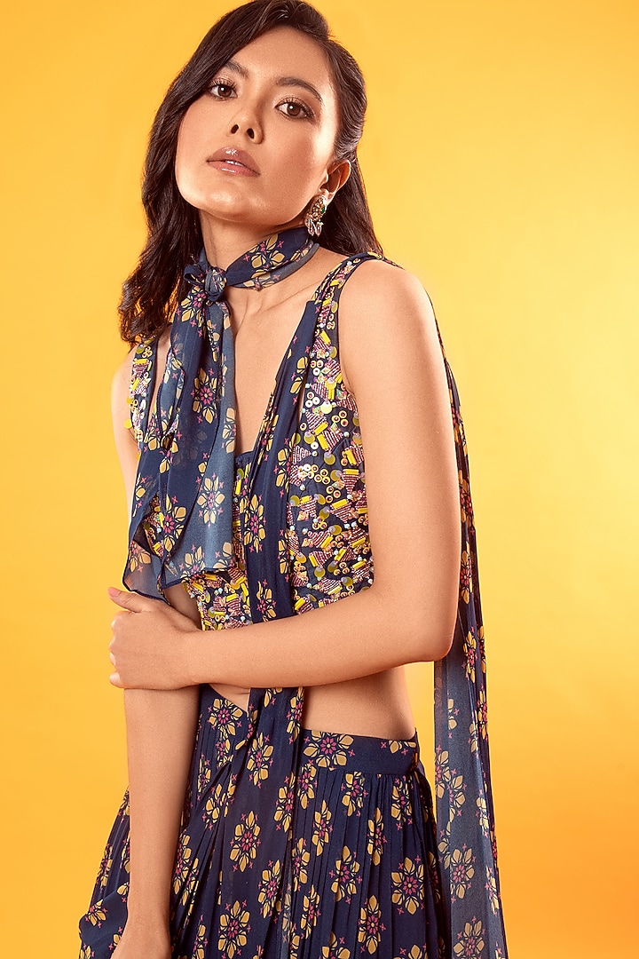 Cobalt Blue Georgette Floral Printed Skirt Wedding Saree Set With Potli Bag by DiyaRajvvir at Pernia's Pop Up Shop