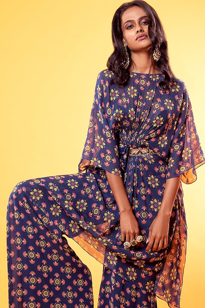 Cobalt Blue Printed Kaftan Set With Belt Bag by DiyaRajvvir at Pernia's Pop Up Shop