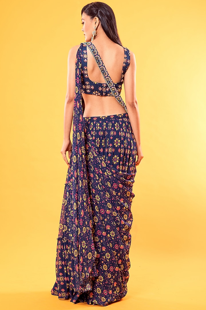Cobalt Blue Georgette Jaal Printed Wedding Saree Set With Potli Bag by DiyaRajvvir at Pernia's Pop Up Shop