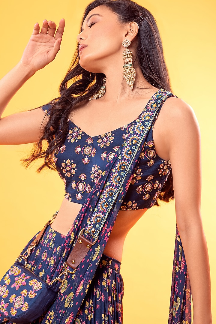 Cobalt Blue Georgette Jaal Printed Wedding Saree Set With Potli Bag by DiyaRajvvir at Pernia's Pop Up Shop