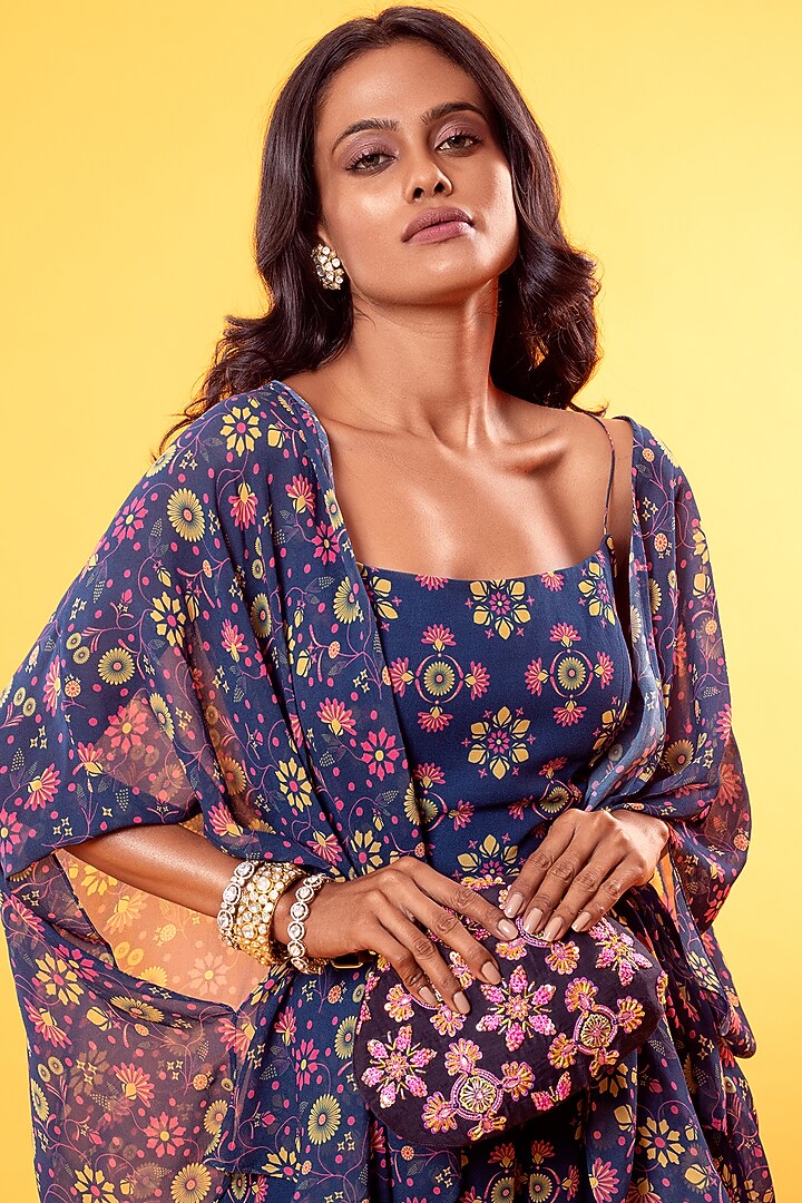 Cobalt Blue Printed Jumpsuit With Cape & Belt Bag by DiyaRajvvir at Pernia's Pop Up Shop