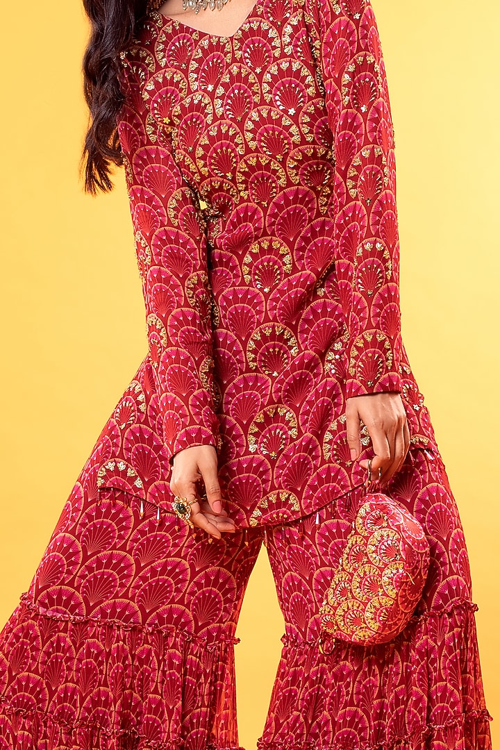 Maroon Printed Wedding Sharara Set With Potli Bag by DiyaRajvvir at Pernia's Pop Up Shop