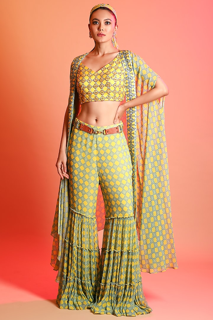 Yellow & Sky Blue Printed Sharara Set by DiyaRajvvir