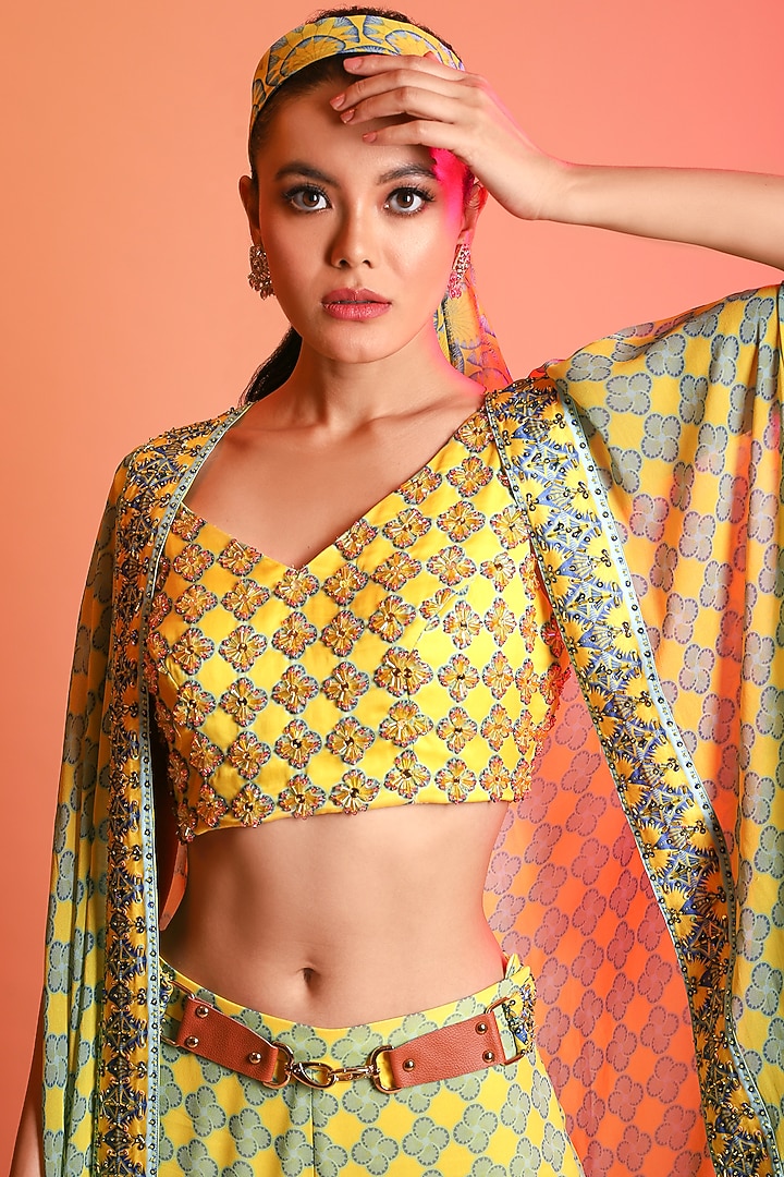 Yellow & Sky Blue Printed Wedding Sharara Set by DiyaRajvvir at Pernia's Pop Up Shop