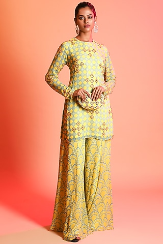 Yellow & Sky Blue Printed Sharara Set With Potli Bag by DiyaRajvvir