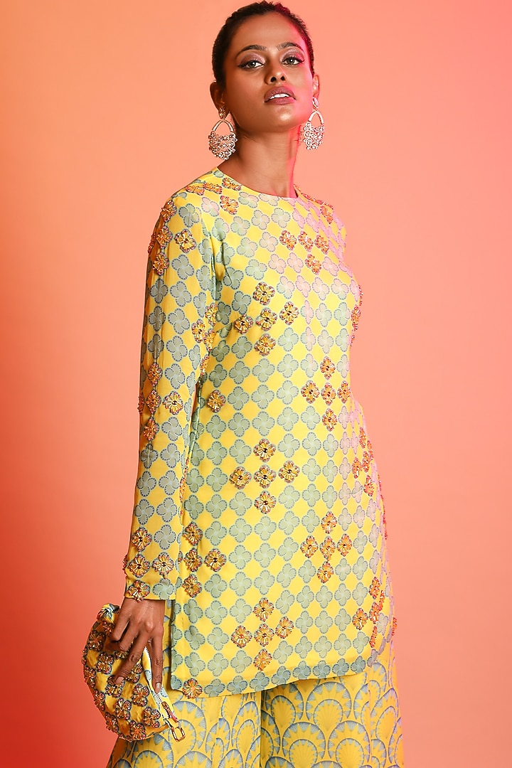 Yellow & Sky Blue Printed Wedding Sharara Set With Potli Bag by DiyaRajvvir at Pernia's Pop Up Shop