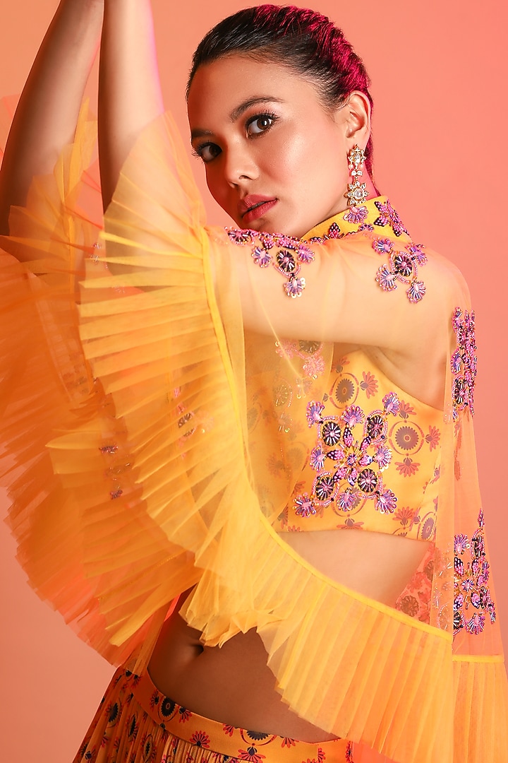 Mustard Embroidered Cape Set by DiyaRajvvir at Pernia's Pop Up Shop