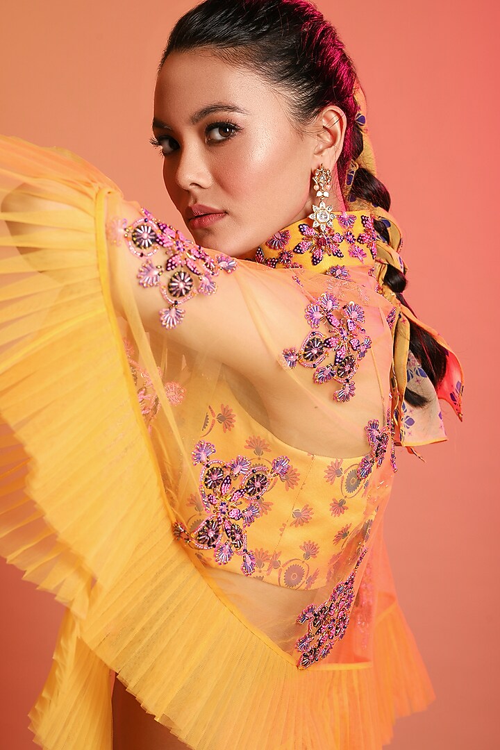 Mustard Embroidered Cape Set by DiyaRajvvir at Pernia's Pop Up Shop