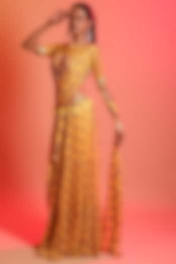 Mustard Printed Skirt Saree Set With Belt by DiyaRajvvir