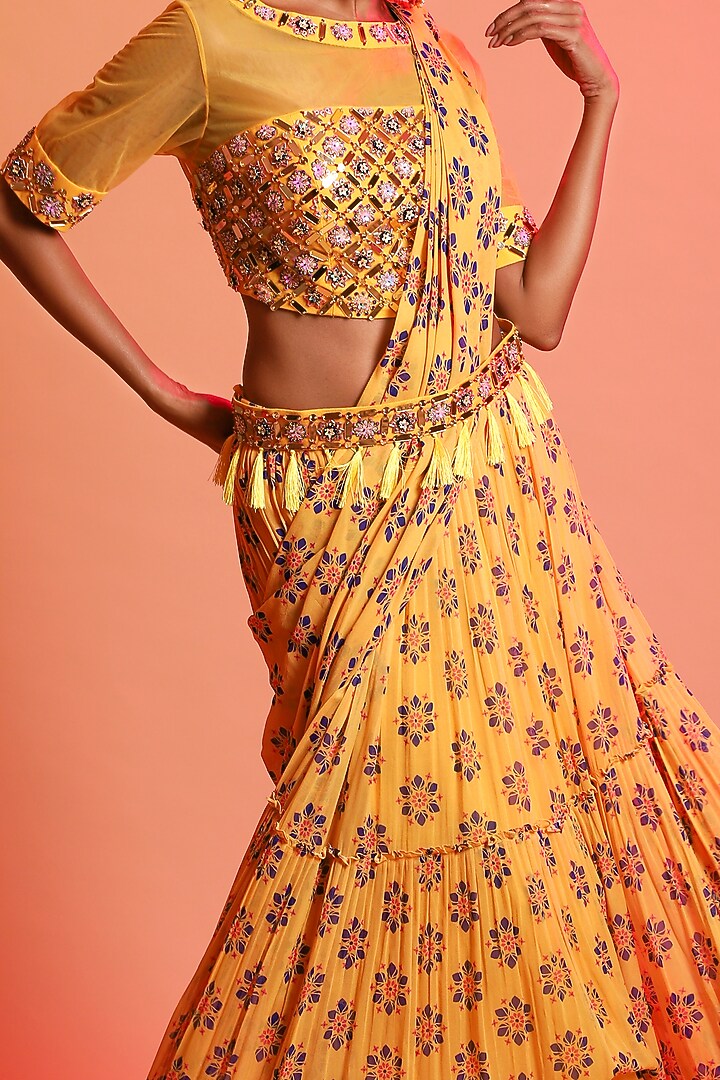 Mustard Georgette & Modal Printed Tiered Skirt Wedding Saree Set by DiyaRajvvir at Pernia's Pop Up Shop