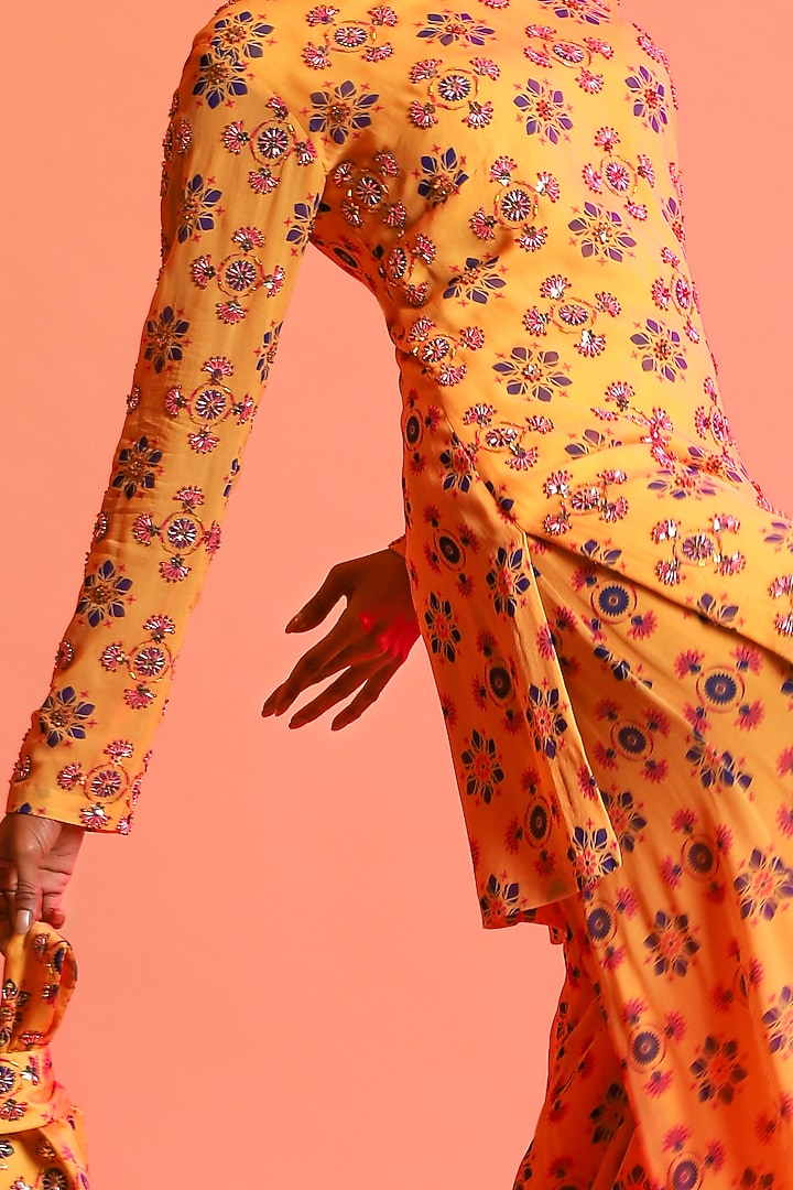 Mustard Printed Wedding Sharara Set With Potli Bag by DiyaRajvvir at Pernia's Pop Up Shop