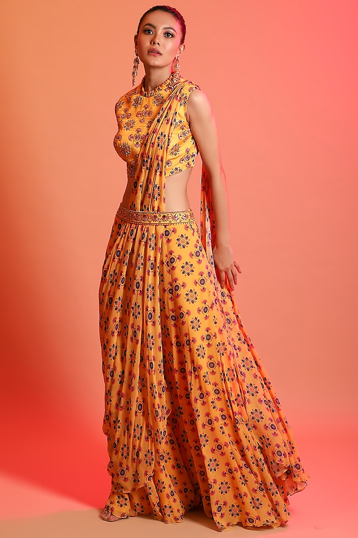 Yellow Georgette Butta Printed Sharara Saree Set by DiyaRajvvir