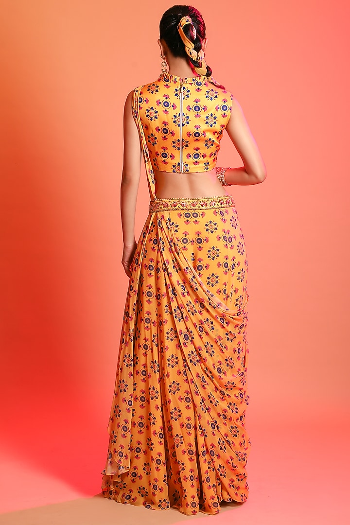 Yellow Georgette Butta Printed Sharara Wedding Saree Set by DiyaRajvvir at Pernia's Pop Up Shop