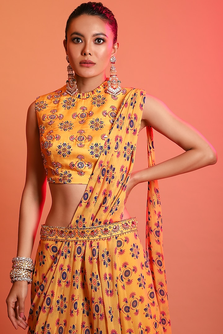 Yellow Georgette Butta Printed Sharara Wedding Saree Set by DiyaRajvvir at Pernia's Pop Up Shop