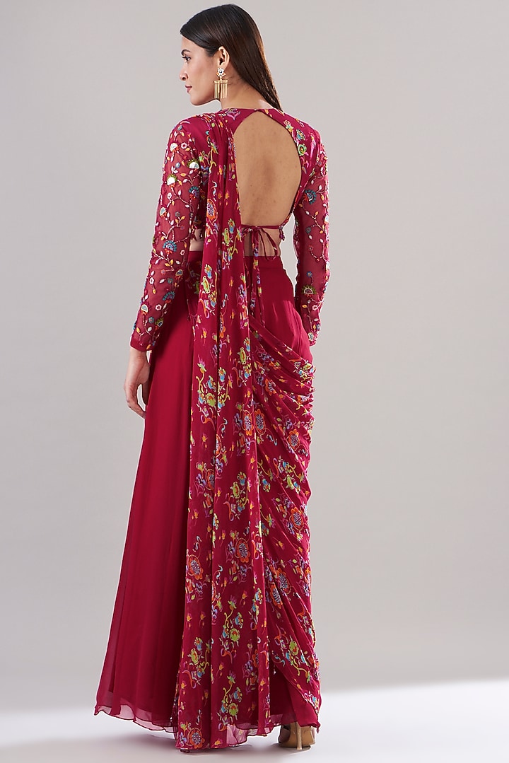 Crimson Red Modal & Georgette Printed Sharara Wedding Saree Set by DiyaRajvvir at Pernia's Pop Up Shop