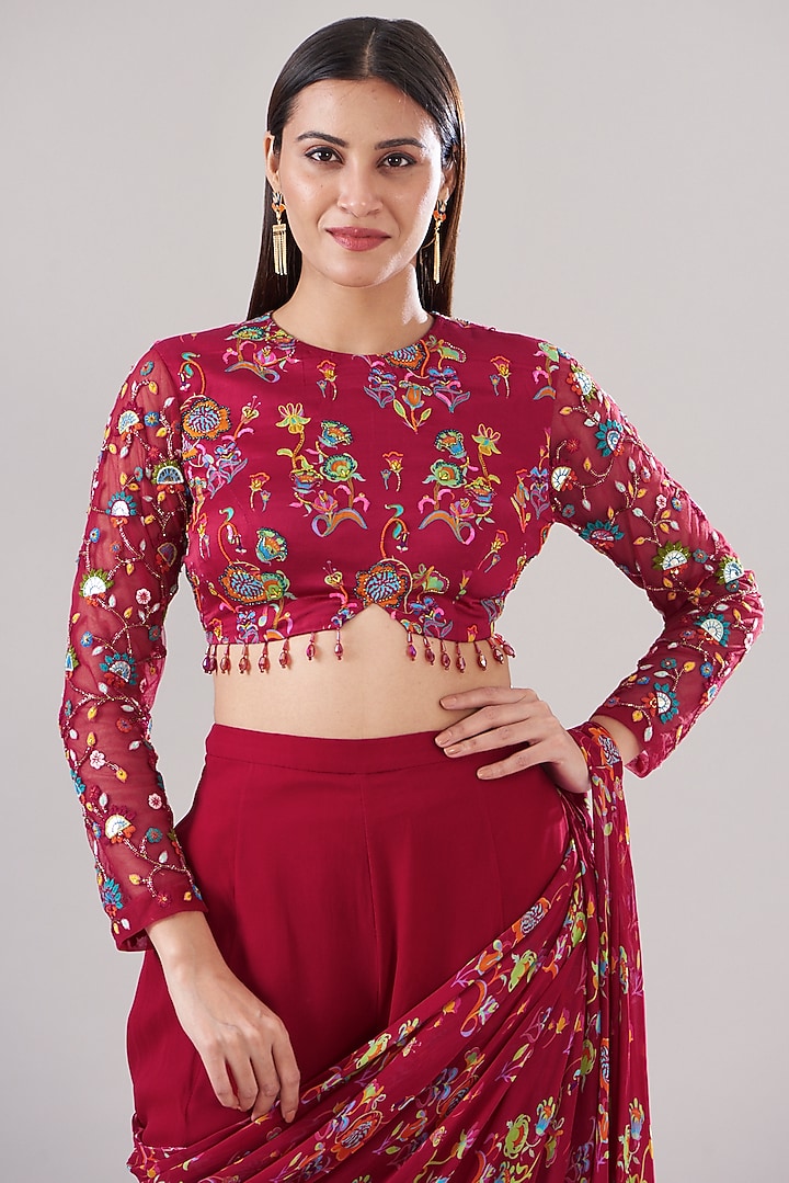 Crimson Red Modal & Georgette Printed Sharara Wedding Saree Set by DiyaRajvvir at Pernia's Pop Up Shop