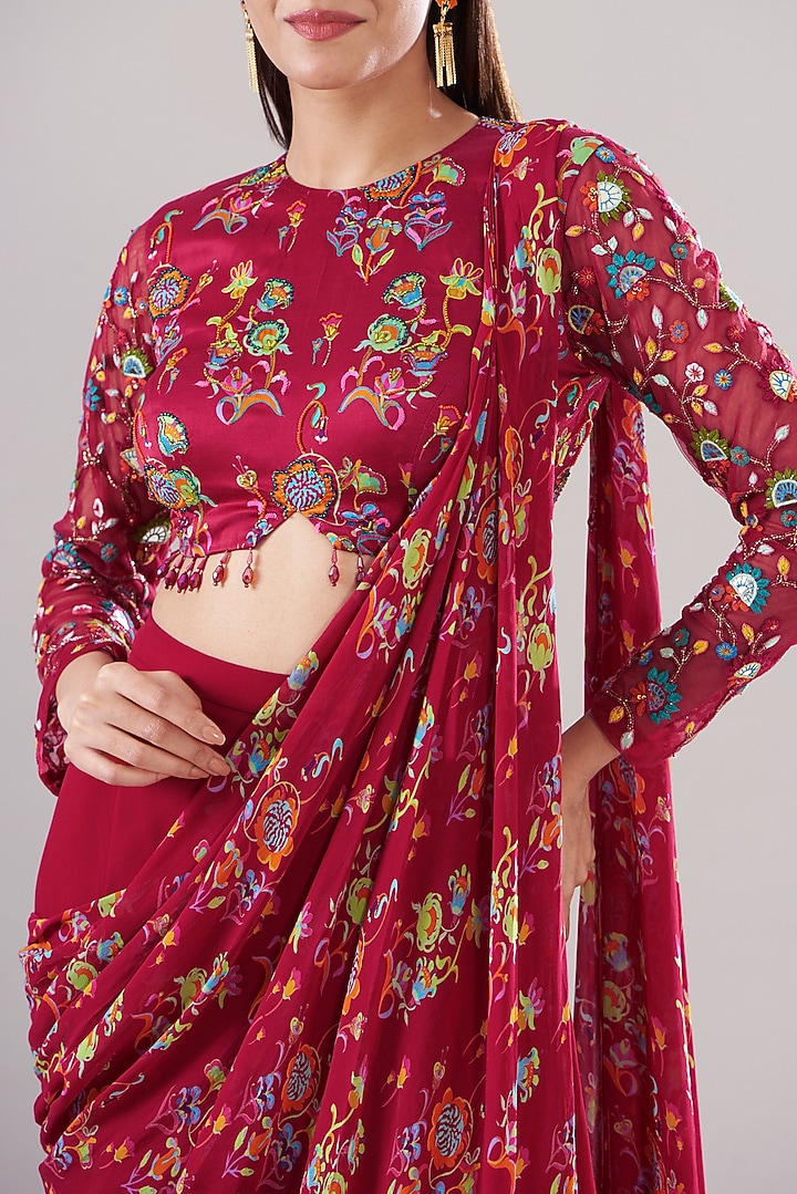 Crimson Red Modal & Georgette Printed Sharara Wedding Saree Set by DiyaRajvvir at Pernia's Pop Up Shop