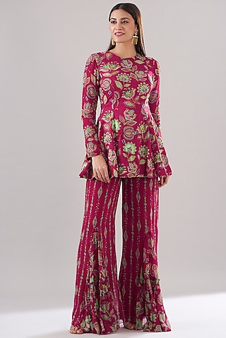 Crimson Red Modal & Georgette Printed Pant Set by DiyaRajvvir
