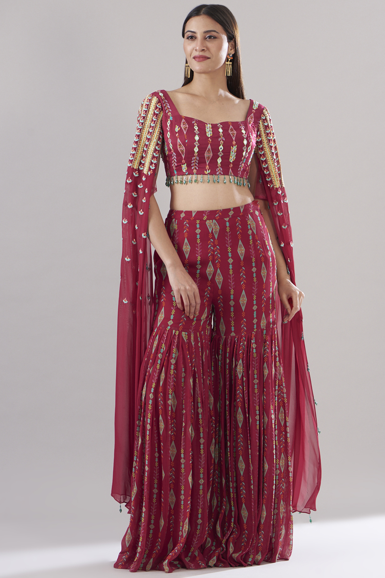 Crimson Red Modal & Georgette Printed Gharara Set by DiyaRajvvir at Pernia's Pop Up Shop