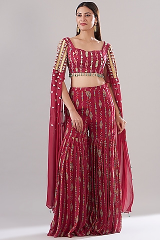 Crimson Red Modal & Georgette Printed Gharara Set by DiyaRajvvir