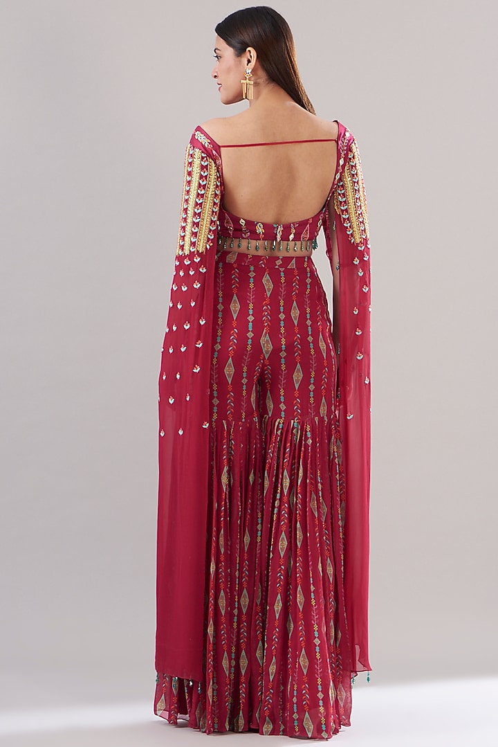 Crimson Red Modal & Georgette Printed Gharara Set by DiyaRajvvir at Pernia's Pop Up Shop