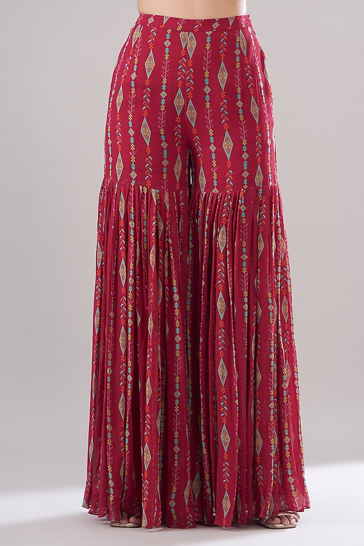 Crimson Red Modal & Georgette Printed Gharara Set by DiyaRajvvir at Pernia's Pop Up Shop