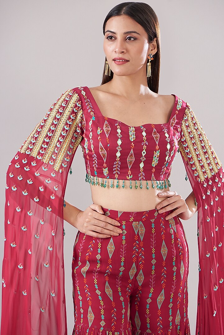 Crimson Red Modal & Georgette Printed Gharara Set by DiyaRajvvir at Pernia's Pop Up Shop