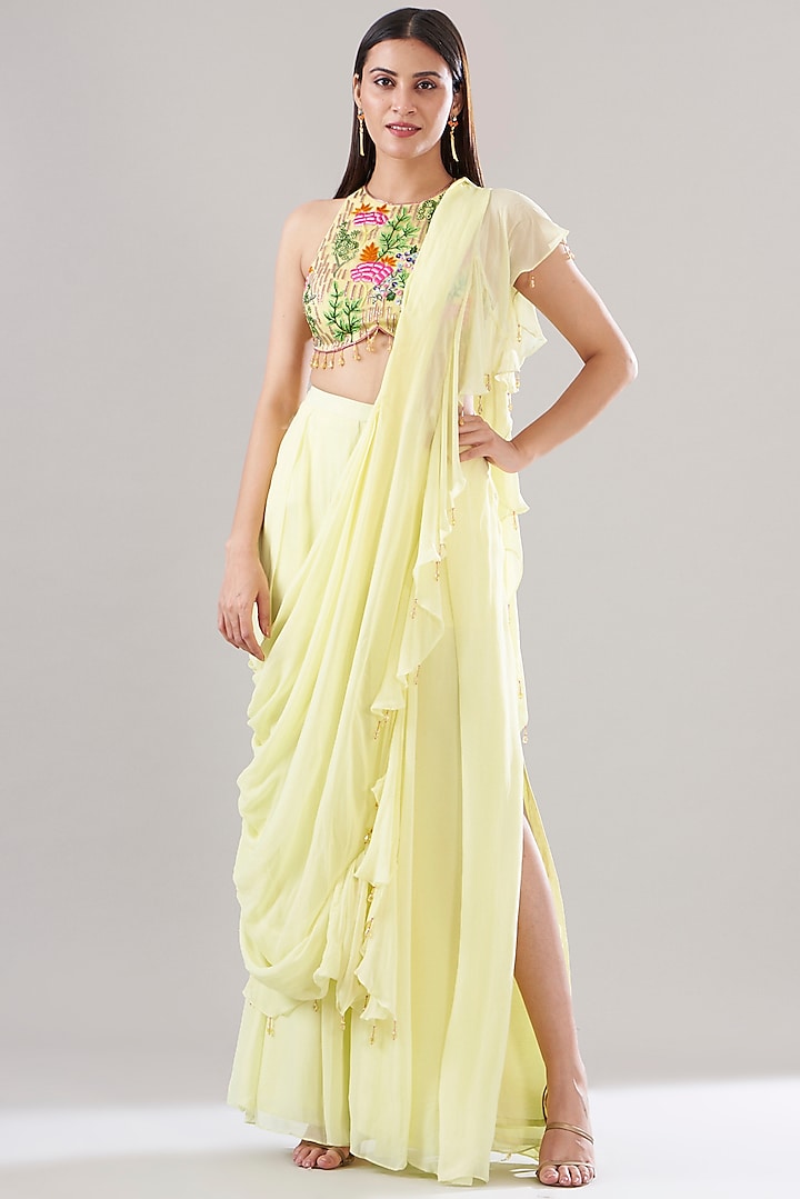 Yellow Organza Ruffled Pant Saree Set by DiyaRajvvir at Pernia's Pop Up Shop