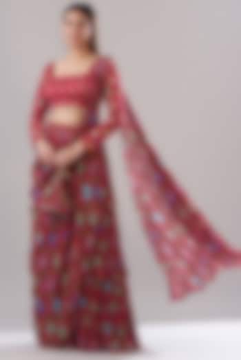 Crimson Red Modal & Tulle Printed Layered Saree Set by DiyaRajvvir
