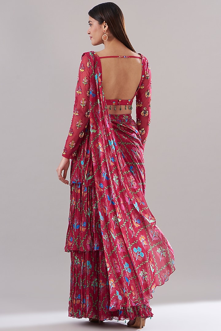 Crimson Red Modal & Tulle Printed Layered Wedding Saree Set by DiyaRajvvir at Pernia's Pop Up Shop